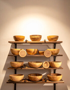 Tall shelf of stacked turned bowls with vertical copy space above in warm light generative AI