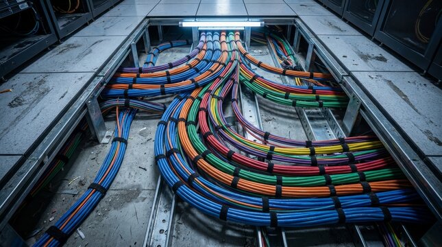 Multicolored cable trays running under raised floor in server aisle