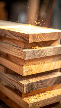 Stacked oak planks rising tall in vertical story format under warm workshop side light generative AI