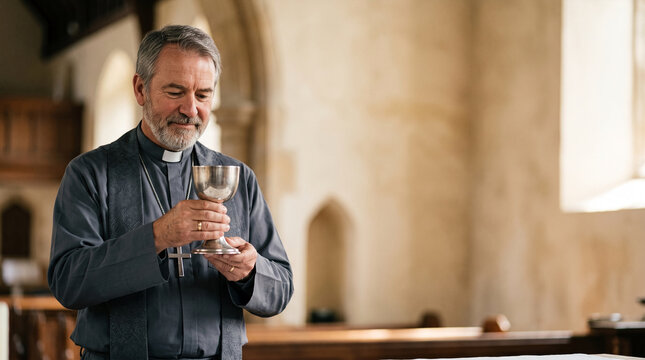 Clergy member holding chalice during religious ceremony in church
