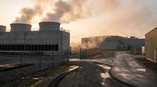 Sunset steam rising from industrial cooling towers beside factory buildings