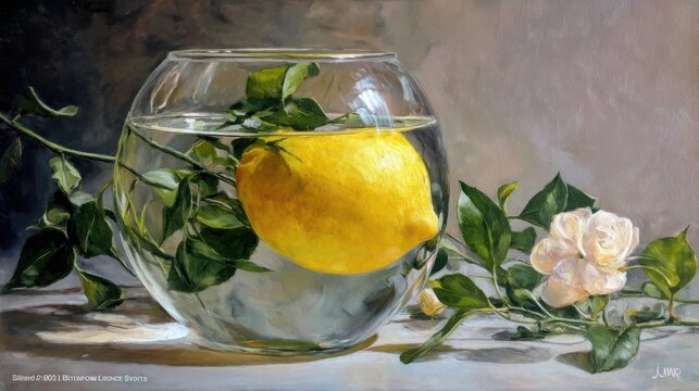 Lemon sits inside a clear glass fishbowl filled with water alongside a delicate white flower bloom on a rustic table surface, creating a calm and artistic atmosphere suitable for interior decoration.