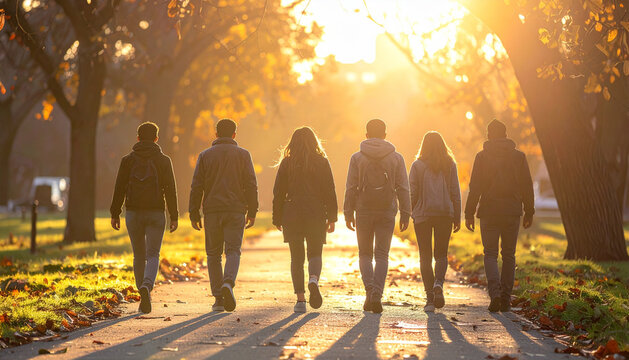 Diverse group of friends viewed from behind strolling through sunlit urban park path generative AI