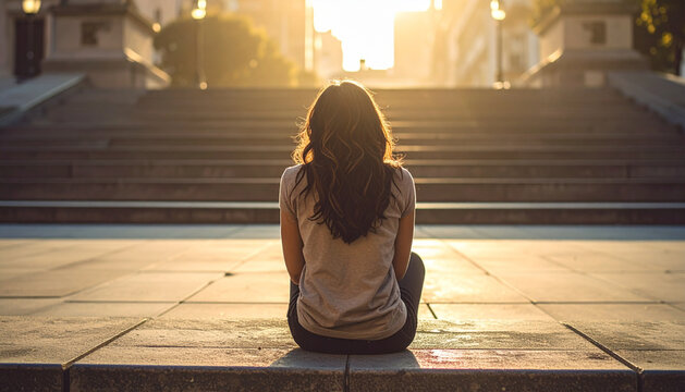 Person from behind sitting on wide concrete steps in city plaza in warm morning light generative AI