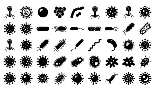 Virus and bacteria silhouette vector set with scientific microorganism icons and microbial symbols