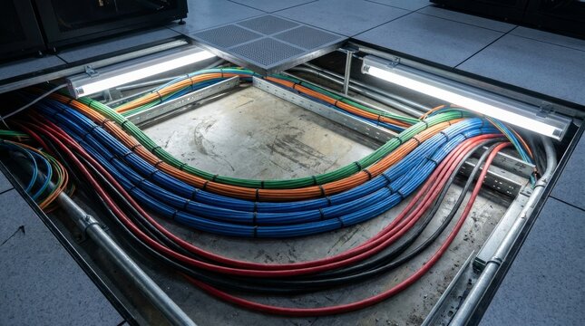 Colorful curved network cables in illuminated raised floor cable tray