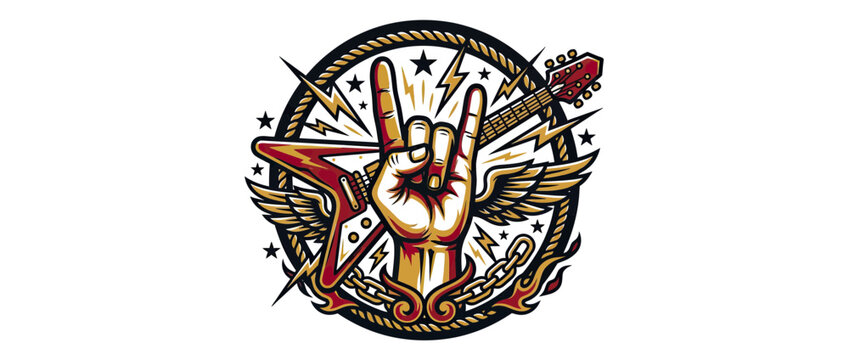 Rock and Roll Hand Gesture with Electric Guitar and Wings