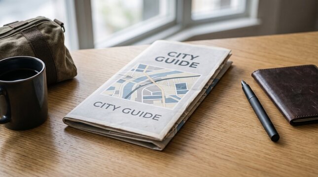 Folded city guide map on a wooden desk with travel accessories and coffee mug
