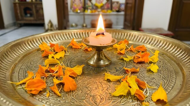 Brass Aarti Plate with Flower Petals and Camphor