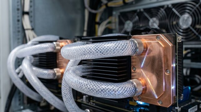 Liquid cooling blocks with braided hoses attached to computer hardware
