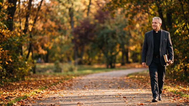 Clergyman walking on autumn path holding book in fall park