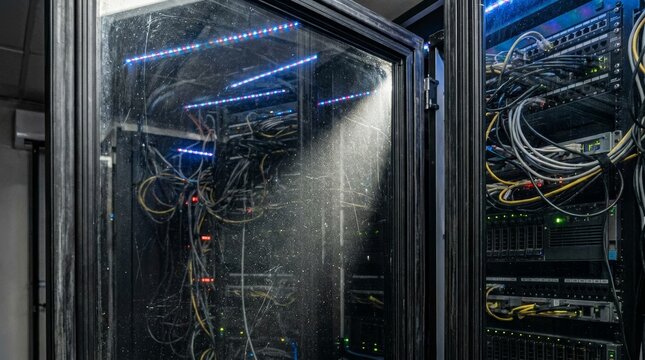 Dust-covered glass doors revealing tangled cables inside server racks