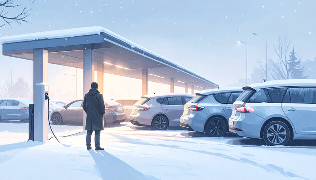 Winter charging park with snowy canopy queue of fogged cars and man beside post generative AI