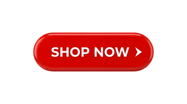 Bright red rounded rectangular shop now call to action button with white text and arrow on transparent background for web design featuring shop now button, red button