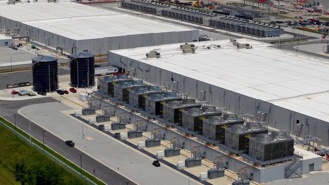 Aerial view of a large industrial data center complex