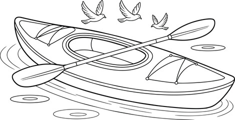Kayak with paddle on calm water and flying birds, recreational rowing watercraft floating on lake surface in summer nature, black and white line art drawing for coloring book or activity page © Pappu0099