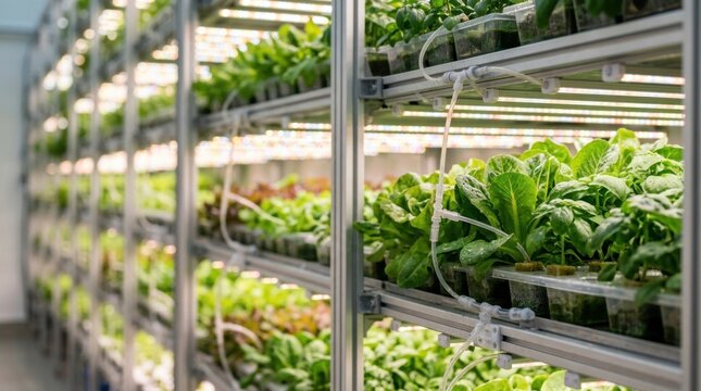 Rows of hydroponic lettuce and other greens thriving in an indoor vertical farming facility.