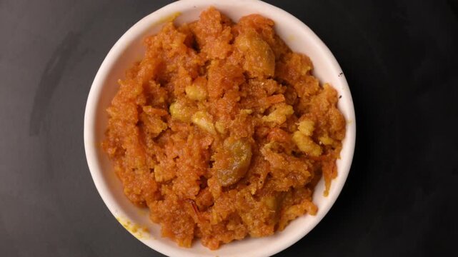 Traditional Indian Carrot Halwa Overhead Dessert Food Background