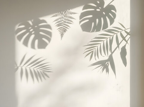 Minimalist tropical leaf shadows on white wall. Aesthetic monstera and palm leaf silhouettes. Elegant botanical shadow overlay background.