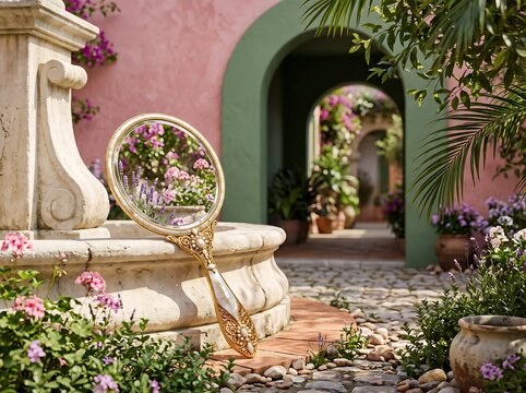 Ornate vintage handheld mirror leaning against a stone fountain in a blooming courtyard with handheld