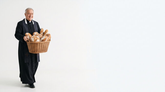 Clergyman in black cassock holding basket full of fresh baked bread loaves