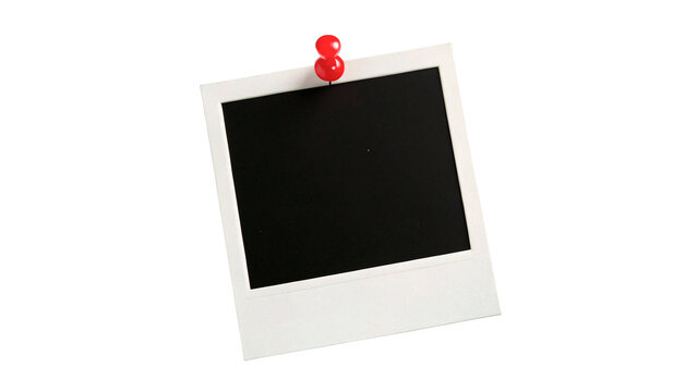 Blank white instant photo frame with a red push pin isolated on a white background
