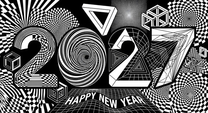 Optical Illusion Happy New Year 2027 Design Elements with Warped Grids, Impossible Shapes, Spiral Distortions, Perspective Tricks and Abstract Geometric Effects