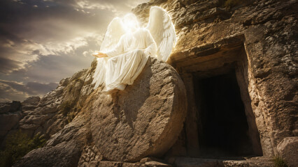 Naklejka premium Glowing Angel With White Wings Sitting Beside The Empty Tomb Of Jesus