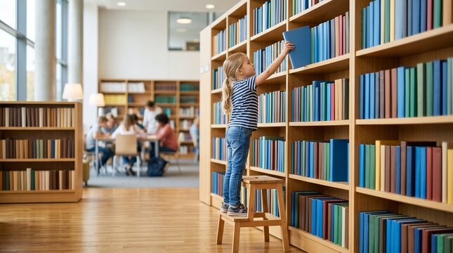 Little girl standing on a stool reaching for a book on a high library shelf, curiosity in education concept