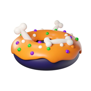 3d Cartoon Donut with orange icing, purple glaze, and bones isolated on background. Perfect for Halloween dessert visuals, spooky decor, parties, games.
