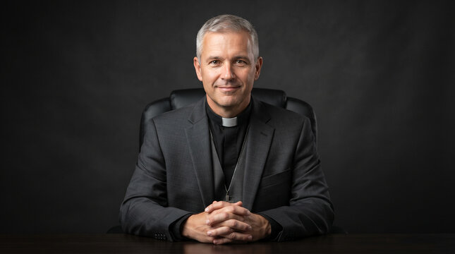 Clergyman in suit and clerical collar sitting at desk with hands clasped