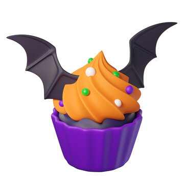 3d Cartoon Halloween cupcake with orange swirl frosting and bat wings on a purple wrapper isolated on background. Perfect for spooky decor, parties, games

