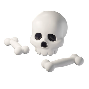 3d Cartoon white skull with bone props isolated on background. Playful Halloween decoration for games, branding, and party props.
