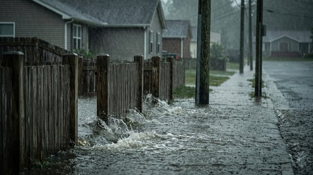 Heavy torrential rain overflowing wooden fence along a suburban street, flash flood disaster concept