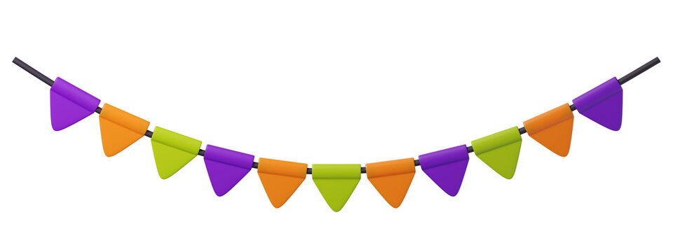 3D Cartoon Multicolor Bunting Pennant Banner Isolated on background. Vibrant multicolor triangular flags perfect for party decor, festivals, Halloween. 
