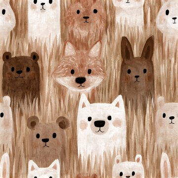 Seamless pattern with cute hand drawn gouache forest animals hiding in tall grass