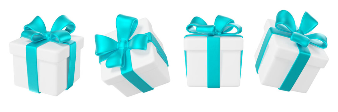 3d set of white gift boxes tied with turquoise ribbons isolated on background. Elegant holiday packaging icons for campaigns, ads, branding, birthday, parties, Christmas.
