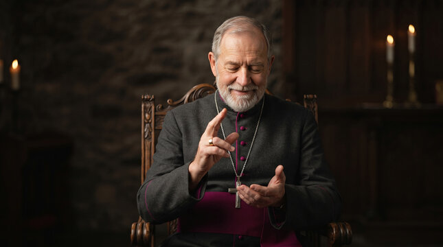 Elderly bishop praying with closed eyes in ornate chair with candles