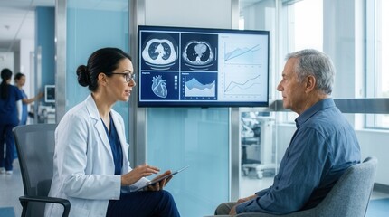 Fototapeta premium Doctor Explains Medical Scans And Charts To Patient In Modern Hospital