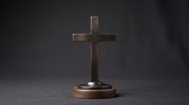 Bronze cross on wooden base, dark background, spiritual symbolism