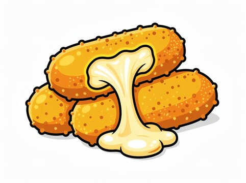 Mozzarella cheese sticks stacked together with gooey melted cheese pulling apart in a vector illustration.