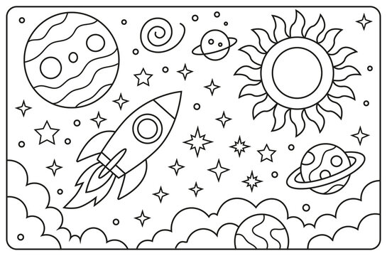 &Eacute;l&eacute;ments spatiaux, dessin au trait, illustration de style cartoon dessin&eacute;e &agrave; la main, coloriage pour enfants