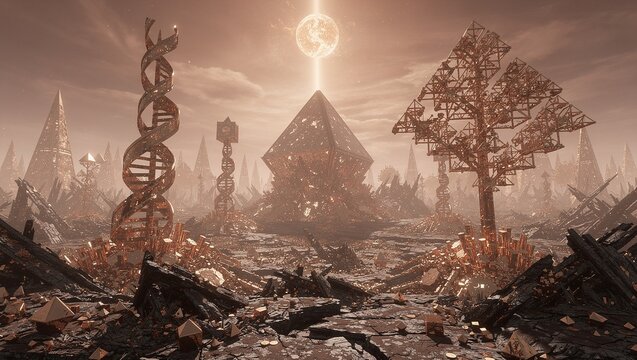 Surreal Negentropy Spire-Bloom World Where Order Erupts as Colossal Growing Towers Under Copper Nova Zenith｜銅色の新星の天頂の下で秩序が巨大な成長塔として噴出する負エントロピー尖塔開花世界