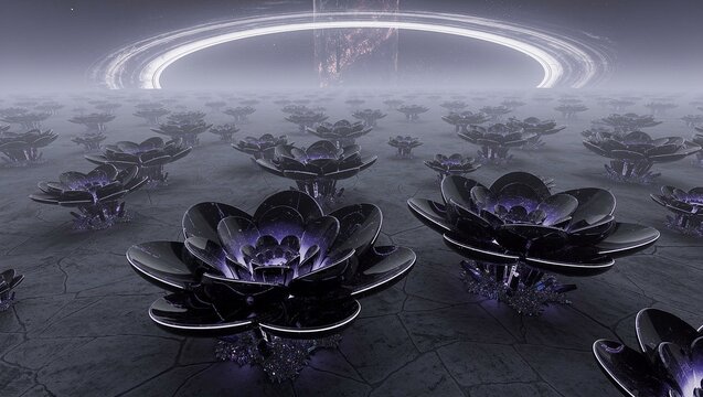 Surreal Recursive Void-Bloom Expanse Where Space Opens Into Fractal Dark Flowers Under Indigo Ringworld Arc｜インディゴ色のリングワールド弧の下で空間がフラクタル暗黒花へと開く再帰的虚空開花原野