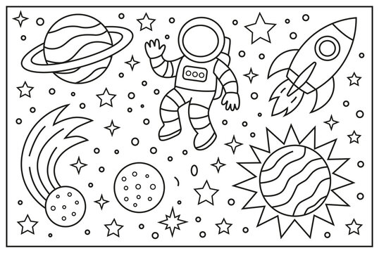&Eacute;l&eacute;ments spatiaux, dessin au trait, illustration de style cartoon dessin&eacute;e &agrave; la main, coloriage pour enfants