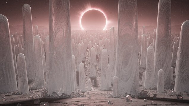 Otherworldly Baryonic Fog-Stele Field Where Dense Matter Precipitates Into Colossal Standing Columns Under Rose Binary Eclipse｜薔薇色の連星食の下で高密度物質が沈降して巨大な立柱を形成する異世界バリオン霧柱原野