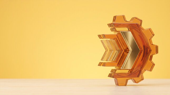 Abstract metallic and glass gear representing industry and progress on yellow background