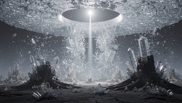 Surreal Xenocrystal Inverse-Rain World Where Crystal Formations Fall Perpetually Upward Into Silver Magnetar Sky｜水晶体が永遠に上方へ降り注ぐ超現実世界、銀色マグネター空の下