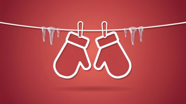 Winter mittens hanging from a clothesline with icicles are shown as a white outline on a red background.