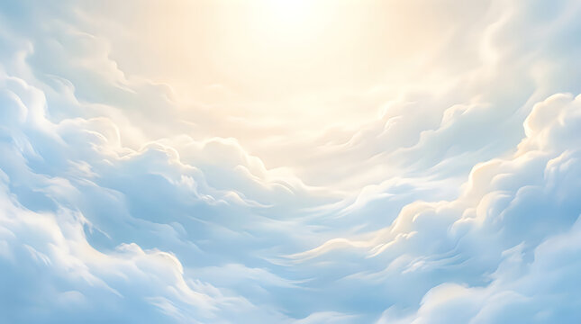 A beautiful bright sky with fluffy white clouds and golden sunlight streaming through the atmosphere creating a peaceful and heavenly ethereal nature